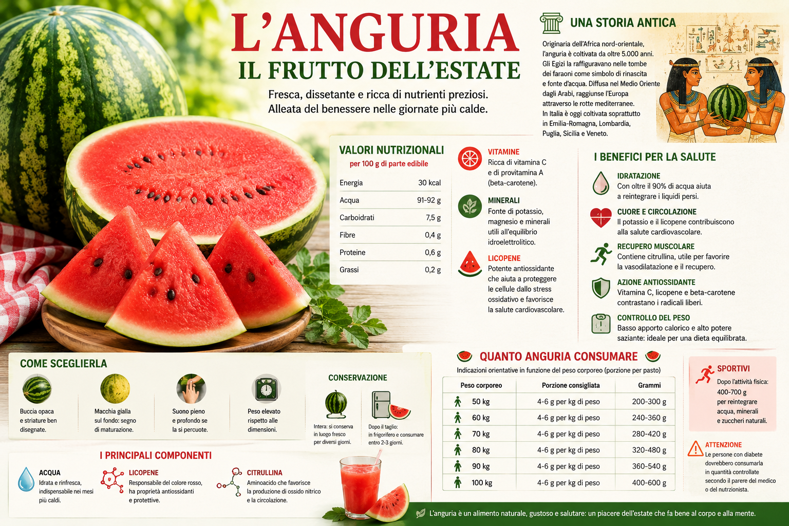 L’anguria: storia, proprietà nutritive e quantità consigliate