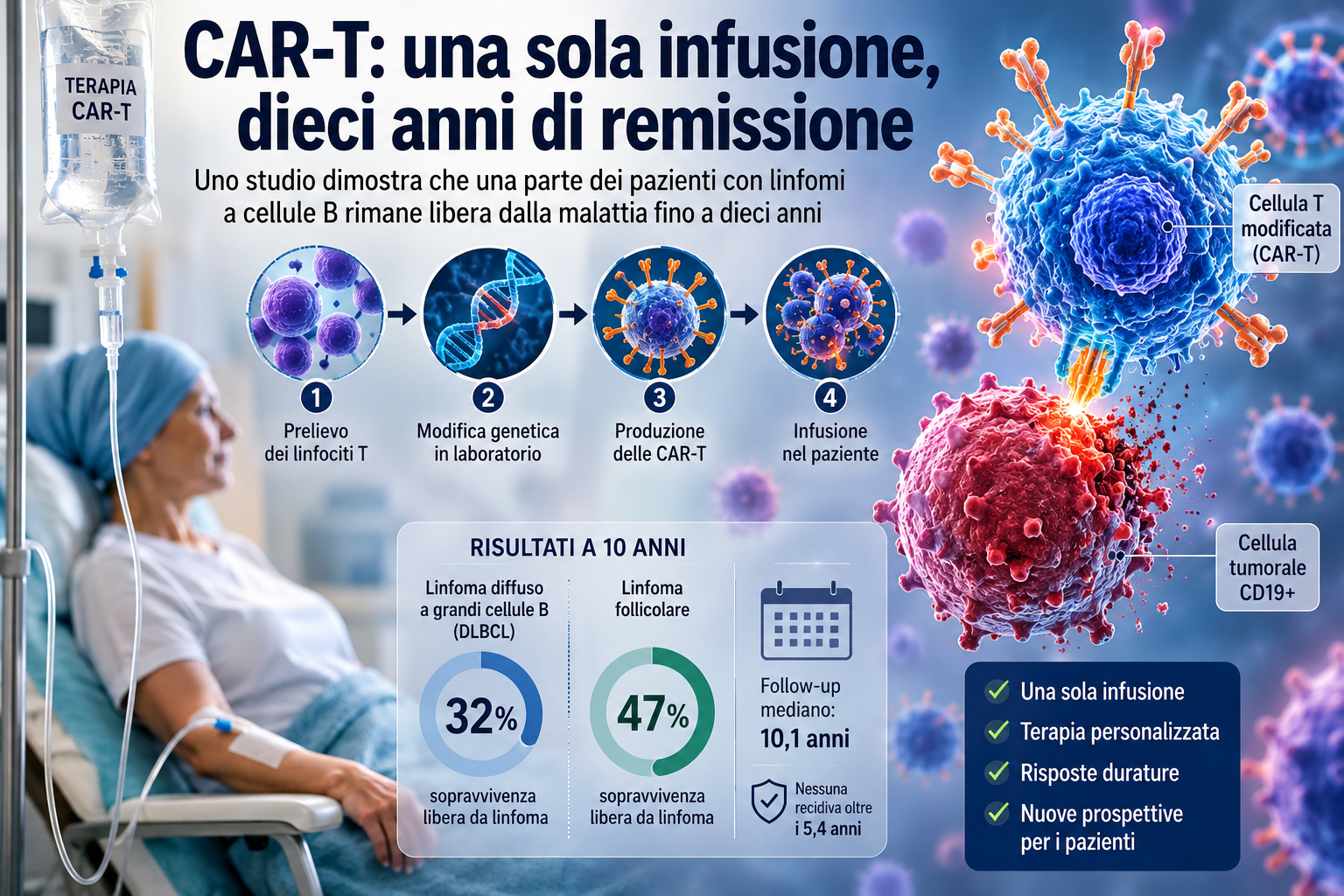 CAR-T, una sola infusione può controllare il linfoma per oltre dieci anni