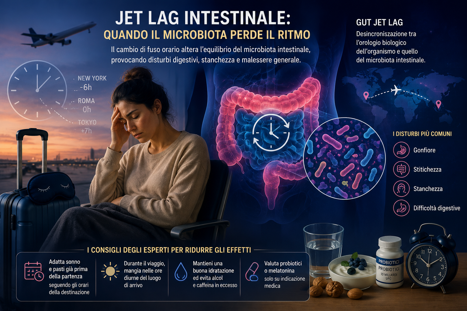 Il jet lag colpisce anche l’intestino: quando il microbiota perde il ritmo