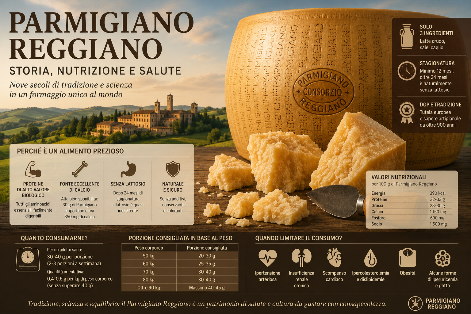 Parmigiano Reggiano: nove secoli di storia, un patrimonio della nutrizione. Quanto consumarne e quando limitarlo
