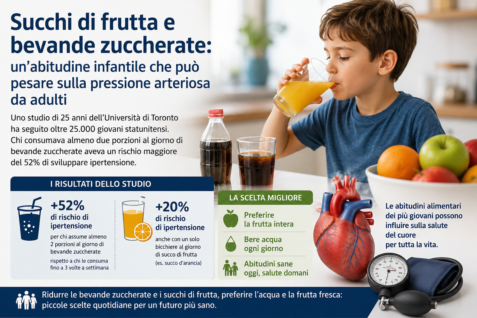 Succhi di frutta e bevande zuccherate: un’abitudine infantile che può pesare sulla pressione arteriosa da adulti