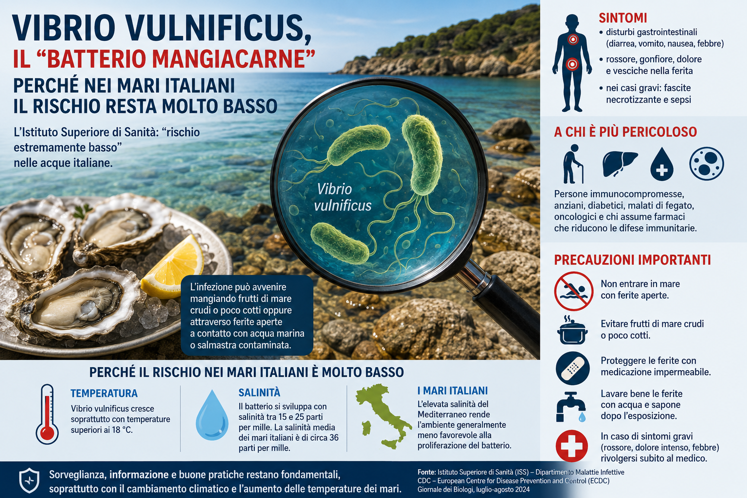 Vibrio vulnificus, il “batterio mangiacarne”: perché nei mari italiani il rischio resta molto basso
